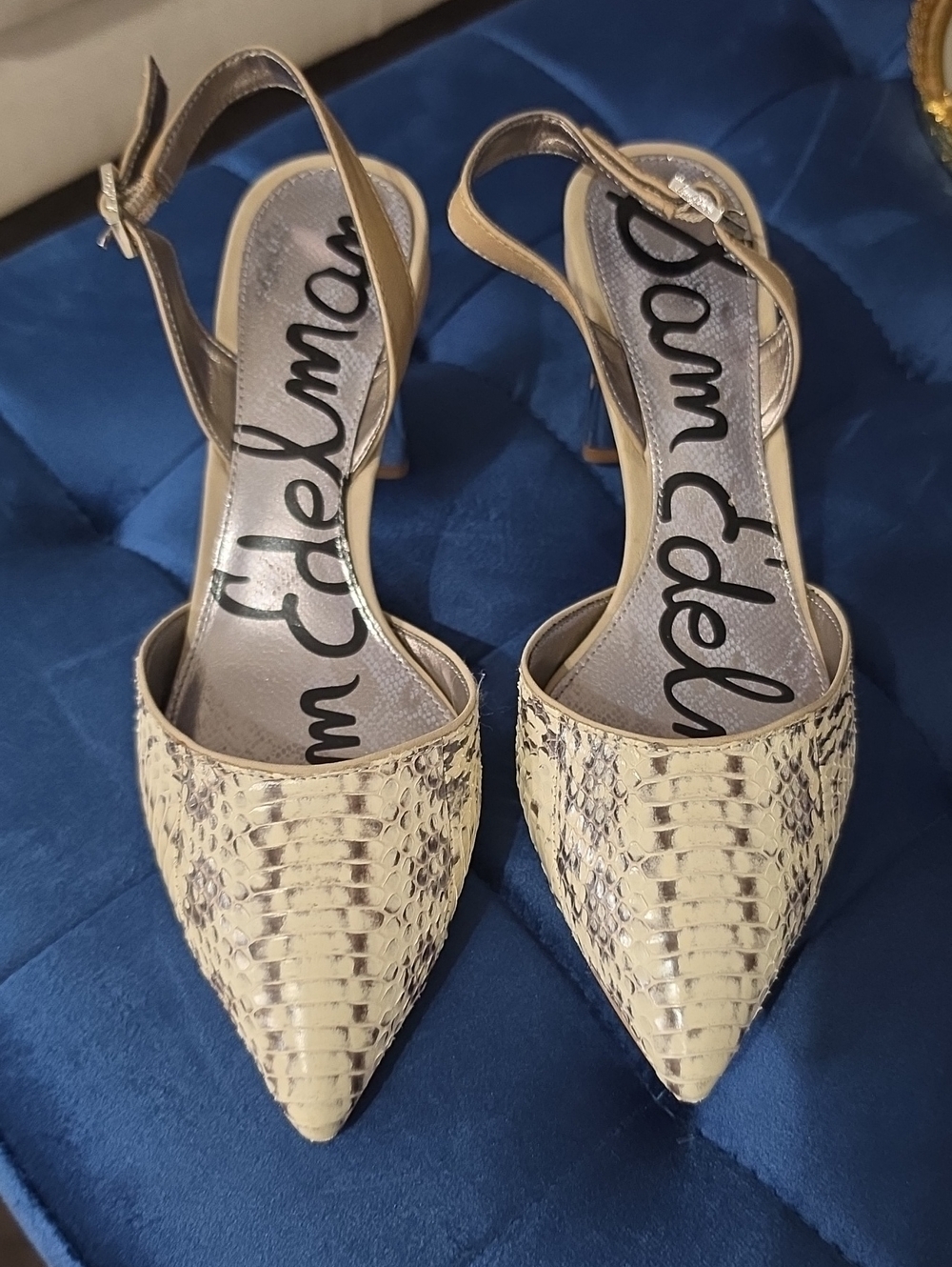 Sam Edelman Beige Snake-Print Pointed Slingback Heels